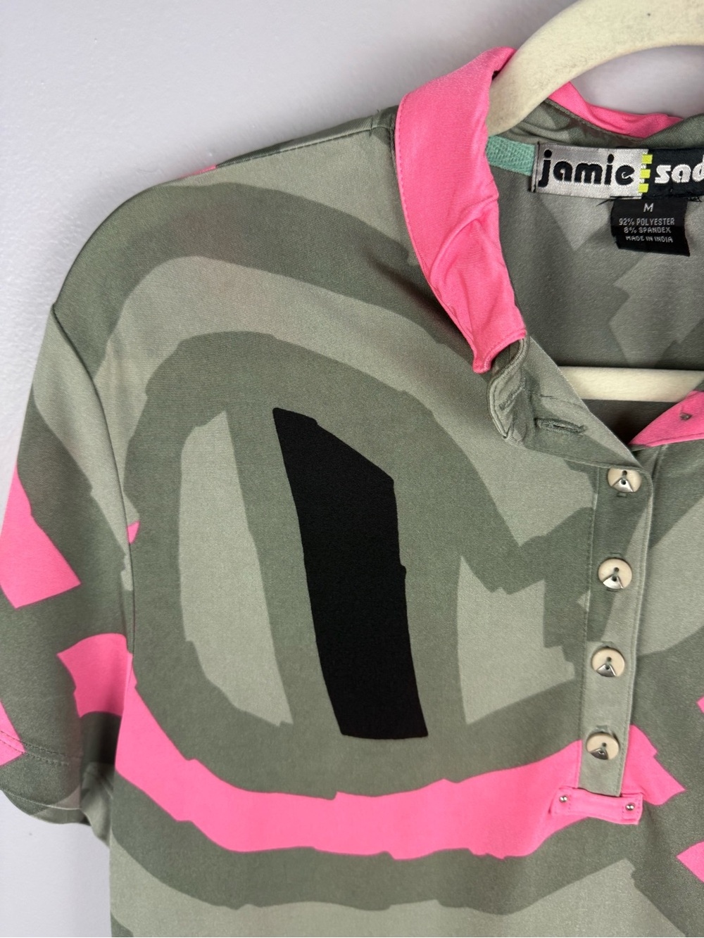 Jamie Sadock Medium Short Sleeve Golf Polo Shirt Pink Olive Abstract Print - Picture 5 of 13